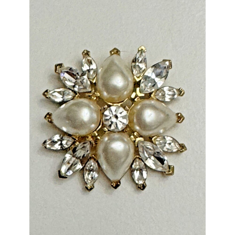 Goldtone Faux Pearl & Rhinestone Starburst Brooch – Signed, 2 Inches
